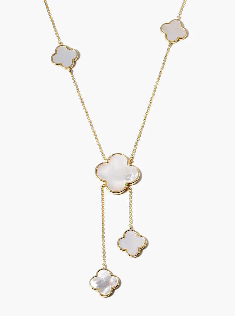 White Gold Dipped Five Quatrefoil Drop Lariat Necklace