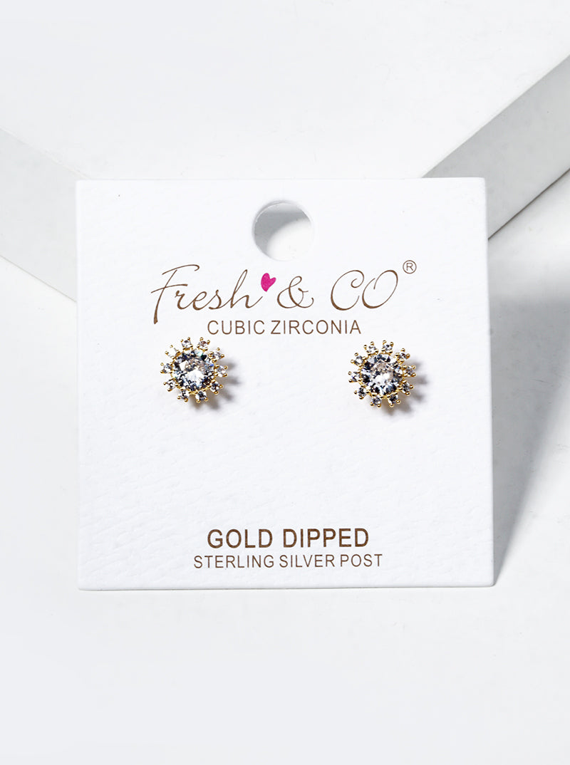 18k Gold Dipped Flower CZ Post Stud Earrings