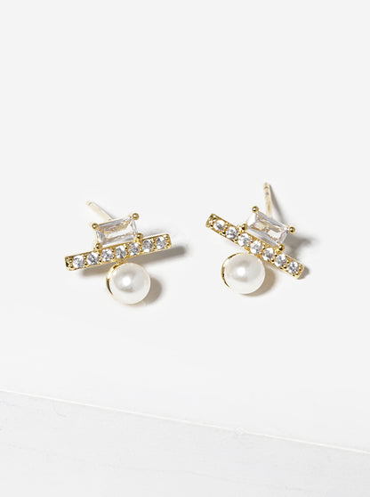 18k Gold Dipped Geometric CZ Bar Pearl Post Stud Earrings