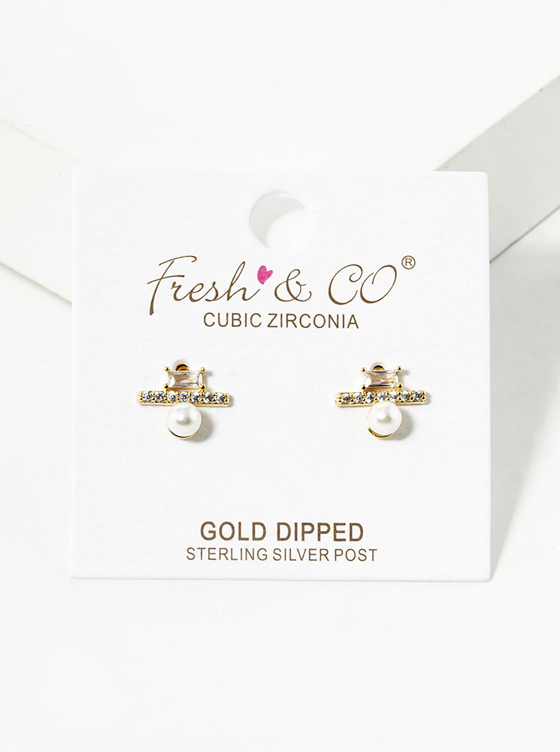 18k Gold Dipped Geometric CZ Bar Pearl Post Stud Earrings