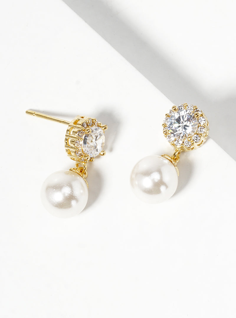18k Gold Dipped Glass Pearl Drop CZ Dangle Post Earrings