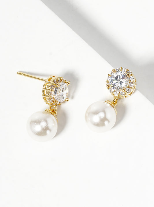 18k Gold Dipped Glass Pearl Drop CZ Dangle Post Earrings