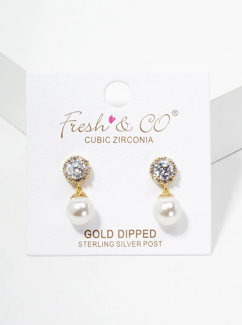 18k Gold Dipped Glass Pearl Drop CZ Dangle Post Earrings