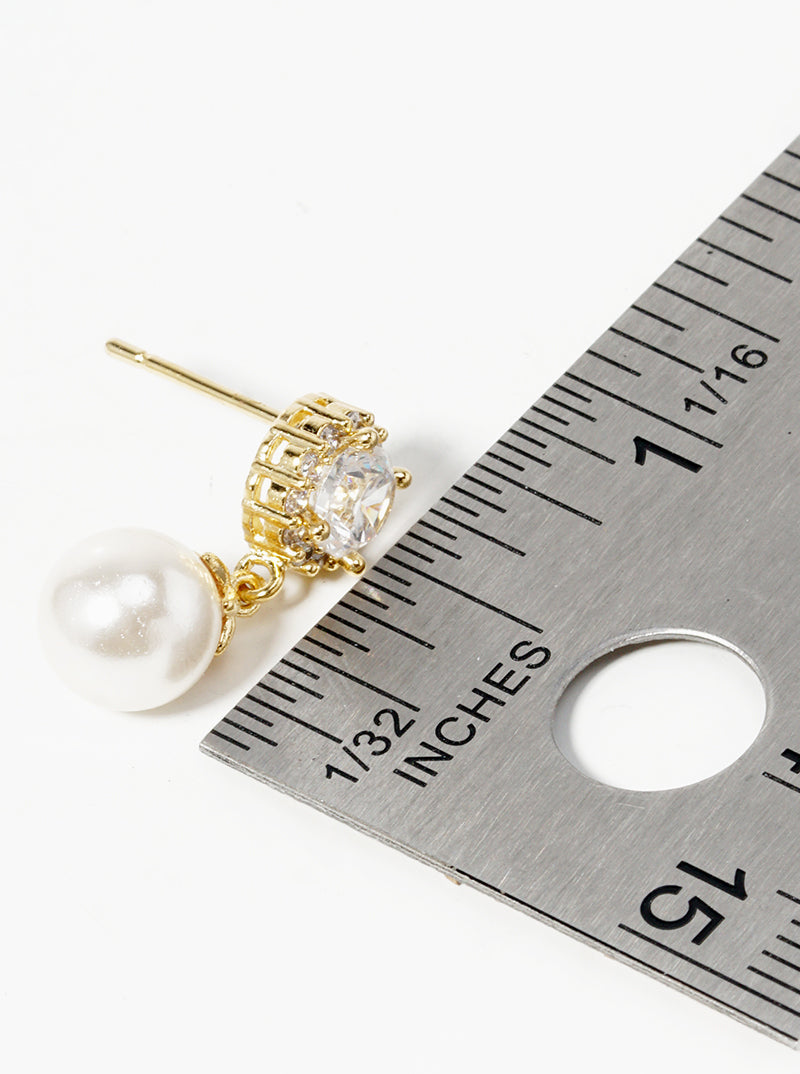 18k Gold Dipped Glass Pearl Drop CZ Dangle Post Earrings
