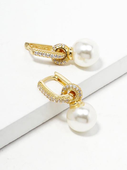 18k Gold Dipped Glass Pearl Drop CZ Pave Huggie Hoop Earrings