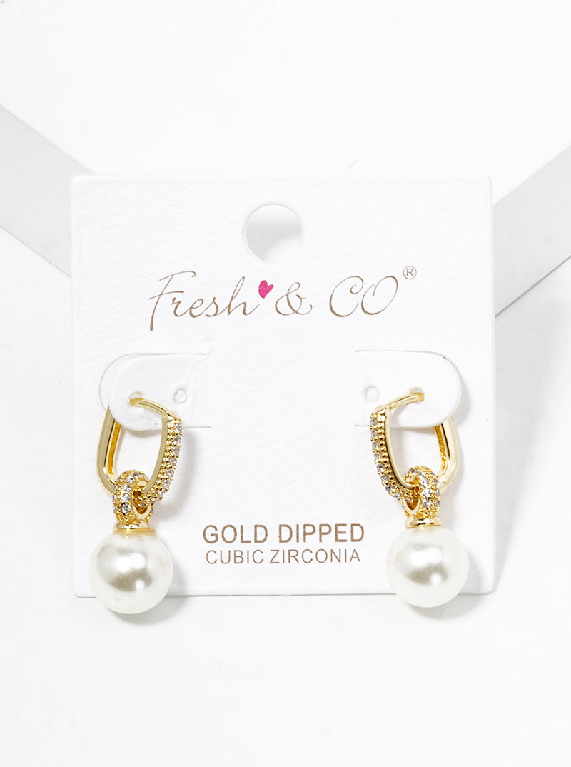 18k Gold Dipped Glass Pearl Drop CZ Pave Huggie Hoop Earrings