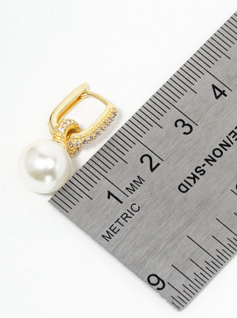 18k Gold Dipped Glass Pearl Drop CZ Pave Huggie Hoop Earrings