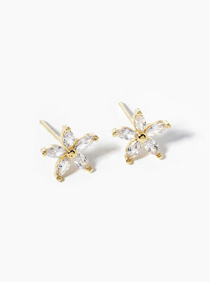 18k Gold Dipped Marquise Shape CZ Stone Flower Post Stud Earrings