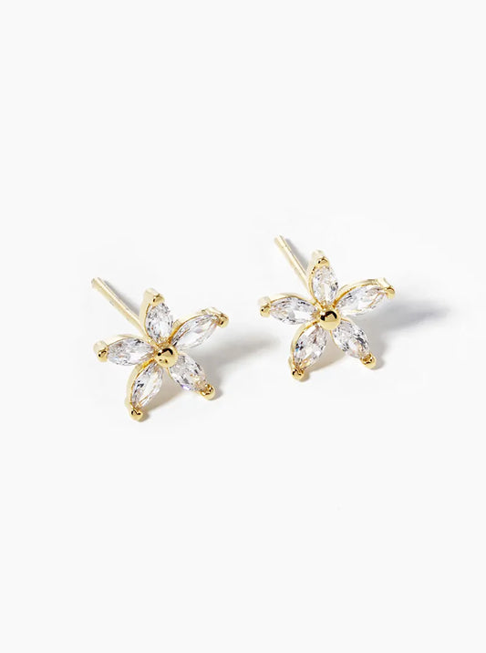 18k Gold Dipped Marquise Shape CZ Stone Flower Post Stud Earrings