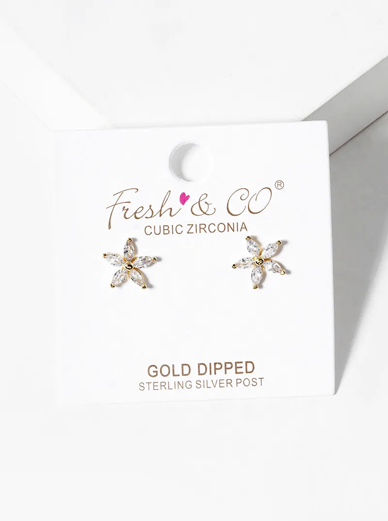 18k Gold Dipped Marquise Shape CZ Stone Flower Post Stud Earrings