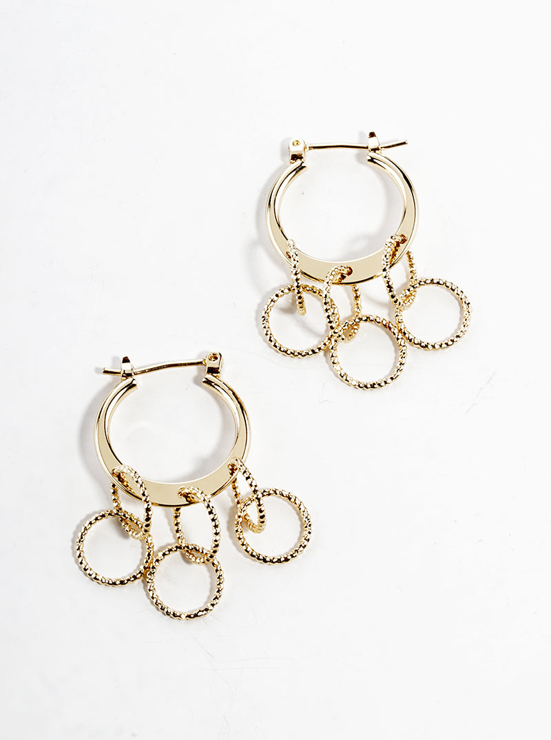 18k Gold Dipped Metal Hinged Hoop Earrings With Textured Multi Circle Drop