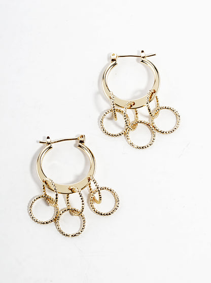 18k Gold Dipped Metal Hinged Hoop Earrings With Textured Multi Circle Drop