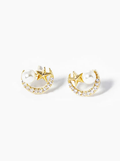 18k Gold Dipped Pearl CZ Pave Moon And Star Post Stud Earrings