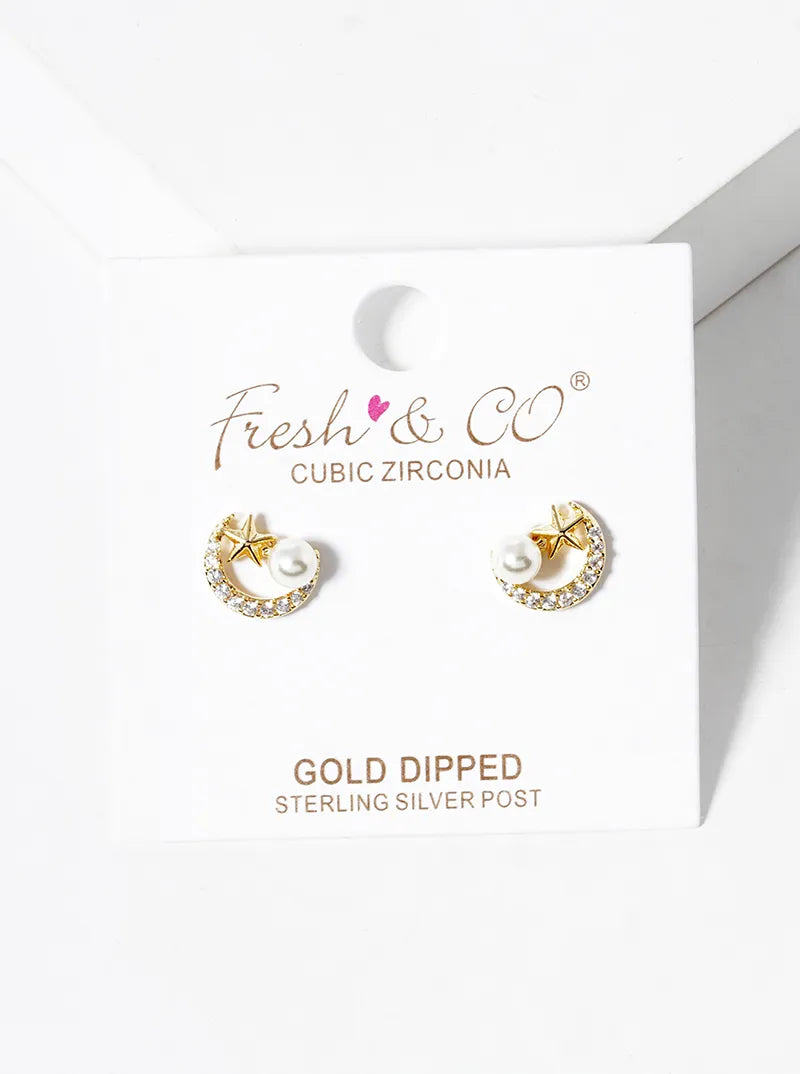 18k Gold Dipped Pearl CZ Pave Moon And Star Post Stud Earrings