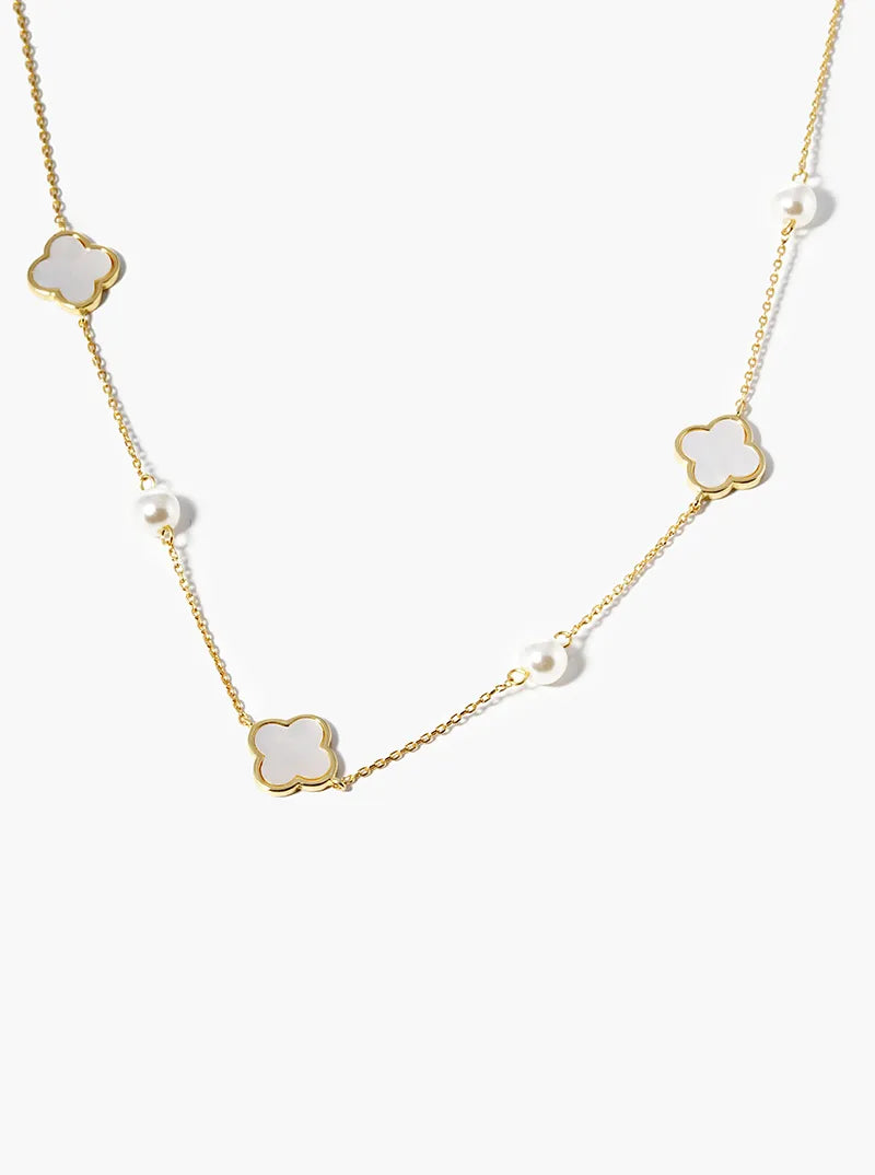 18k Gold Dipped Pearl Bead Mother Of Pearl Quatrefoil Satellite Necklace