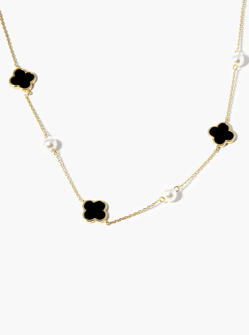 18k Gold Dipped Pearl Bead Mother Of Pearl Quatrefoil Satellite Necklace