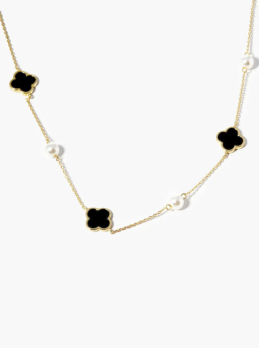 18k Gold Dipped Pearl Bead Mother Of Pearl Quatrefoil Satellite Necklace