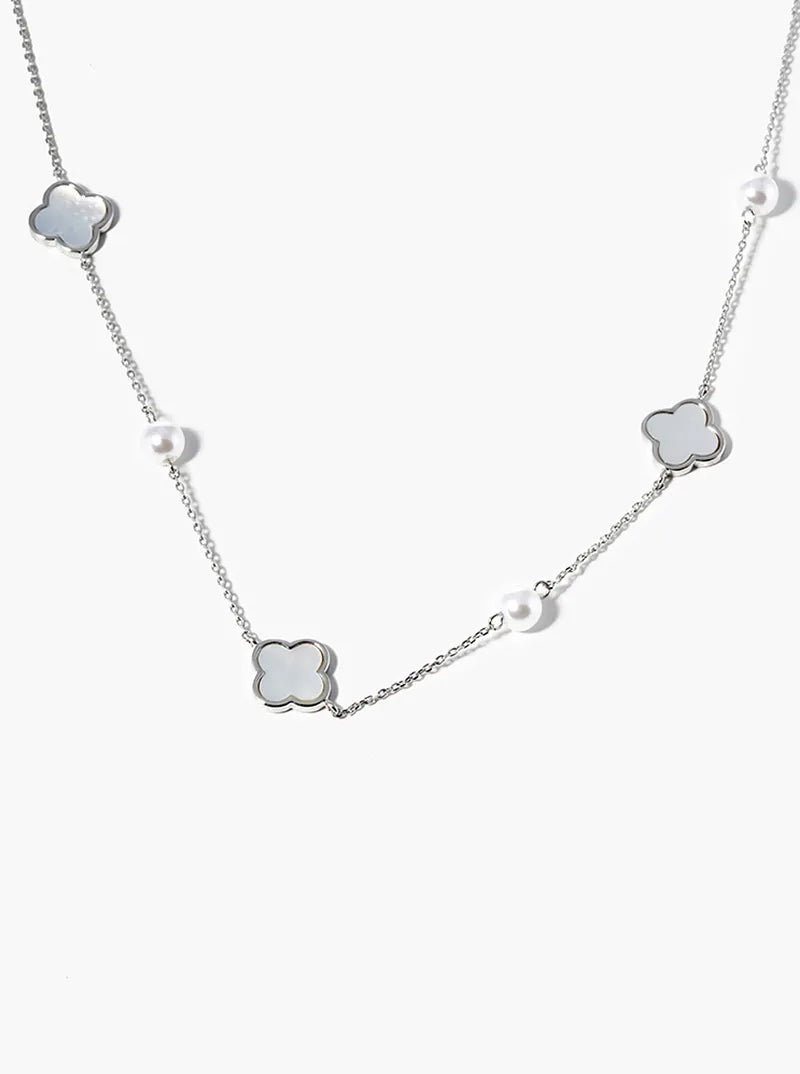 18k Gold Dipped Pearl Bead Mother Of Pearl Quatrefoil Satellite Necklace