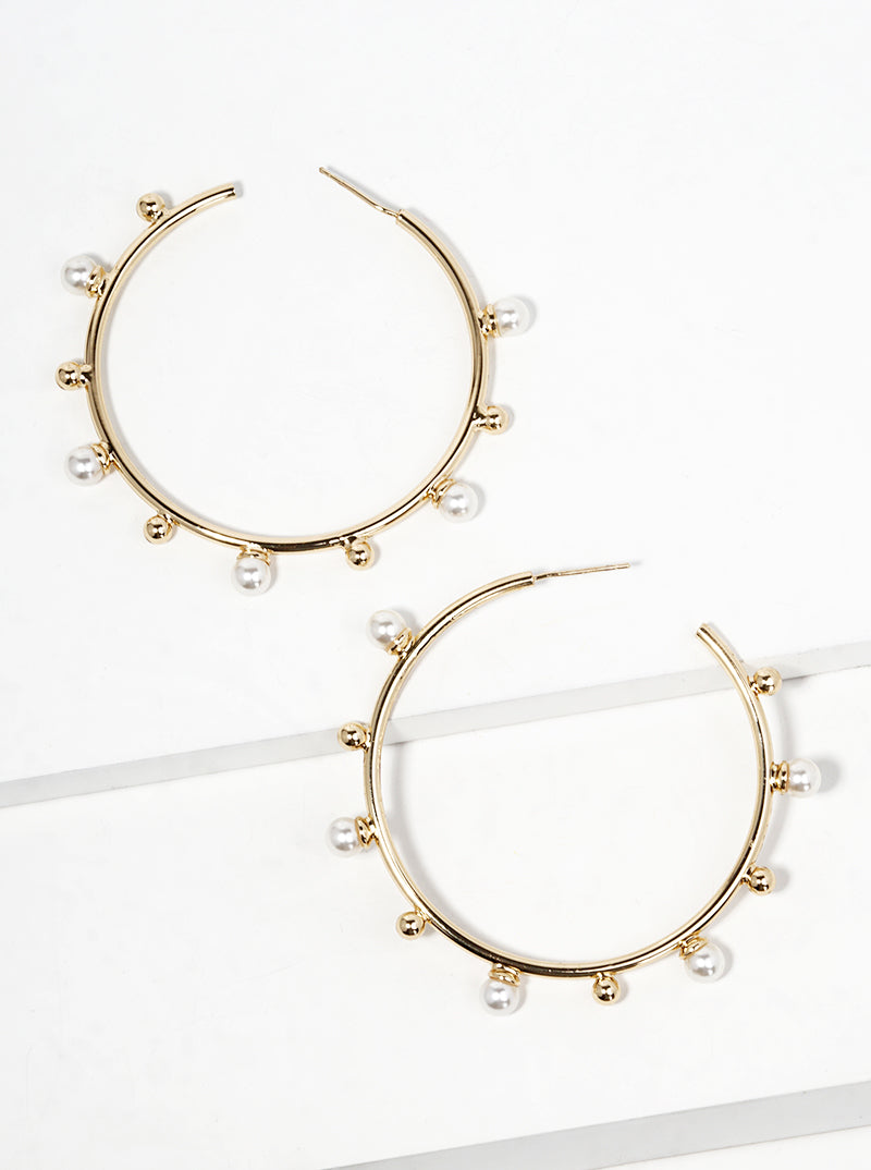 18k Gold Dipped Pearl Beaded 50mm Satellite Open Hoop Earrings