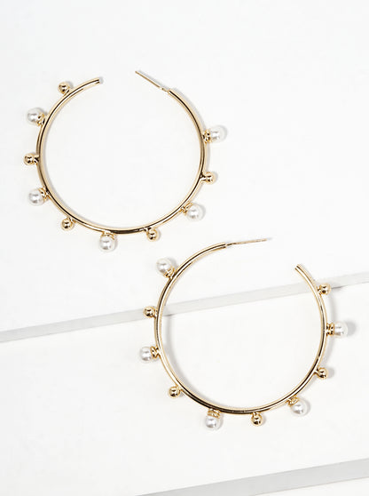 18k Gold Dipped Pearl Beaded 50mm Satellite Open Hoop Earrings
