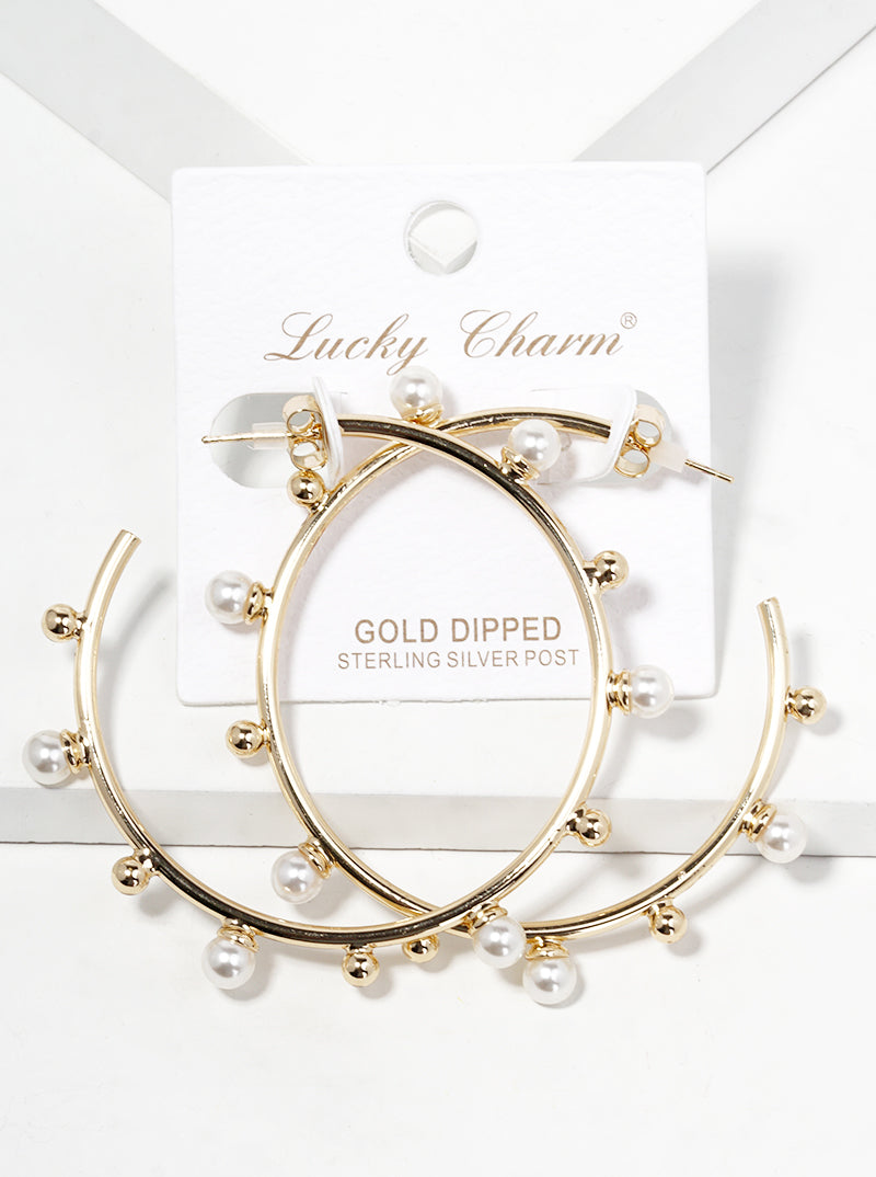 18k Gold Dipped Pearl Beaded 50mm Satellite Open Hoop Earrings