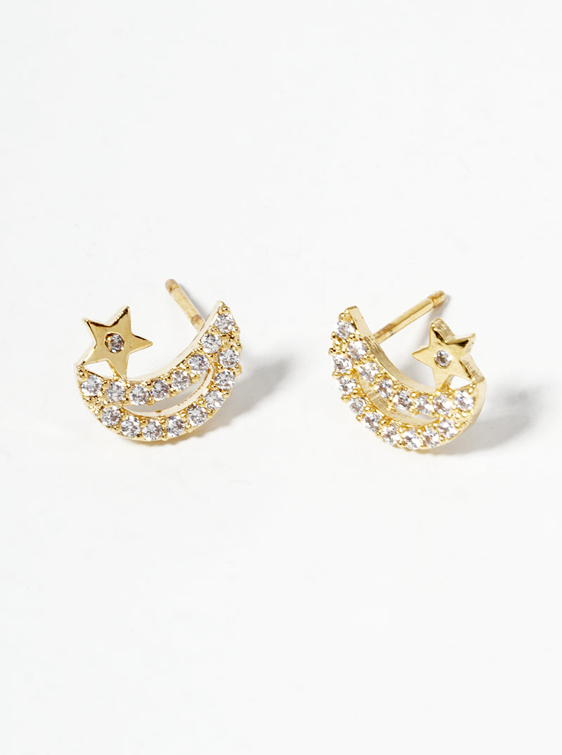 18k Gold Dipped Symmetrical CZ Pave Crescent Moon And Star Post Stud Earrings