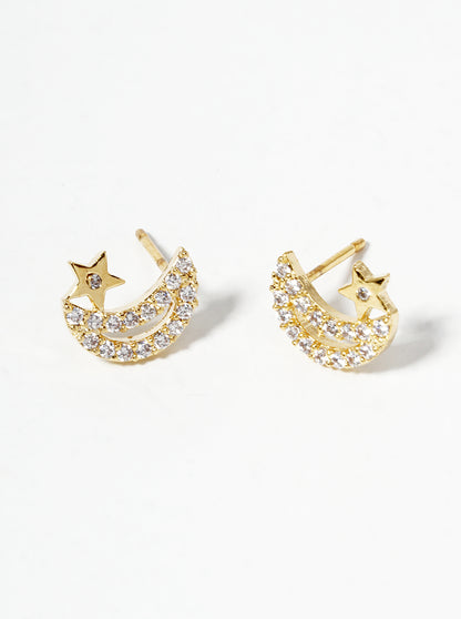 18k Gold Dipped Symmetrical CZ Pave Crescent Moon And Star Post Stud Earrings