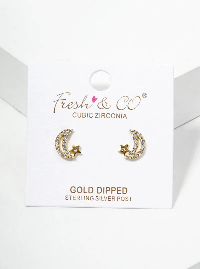 18k Gold Dipped Symmetrical CZ Pave Crescent Moon And Star Post Stud Earrings