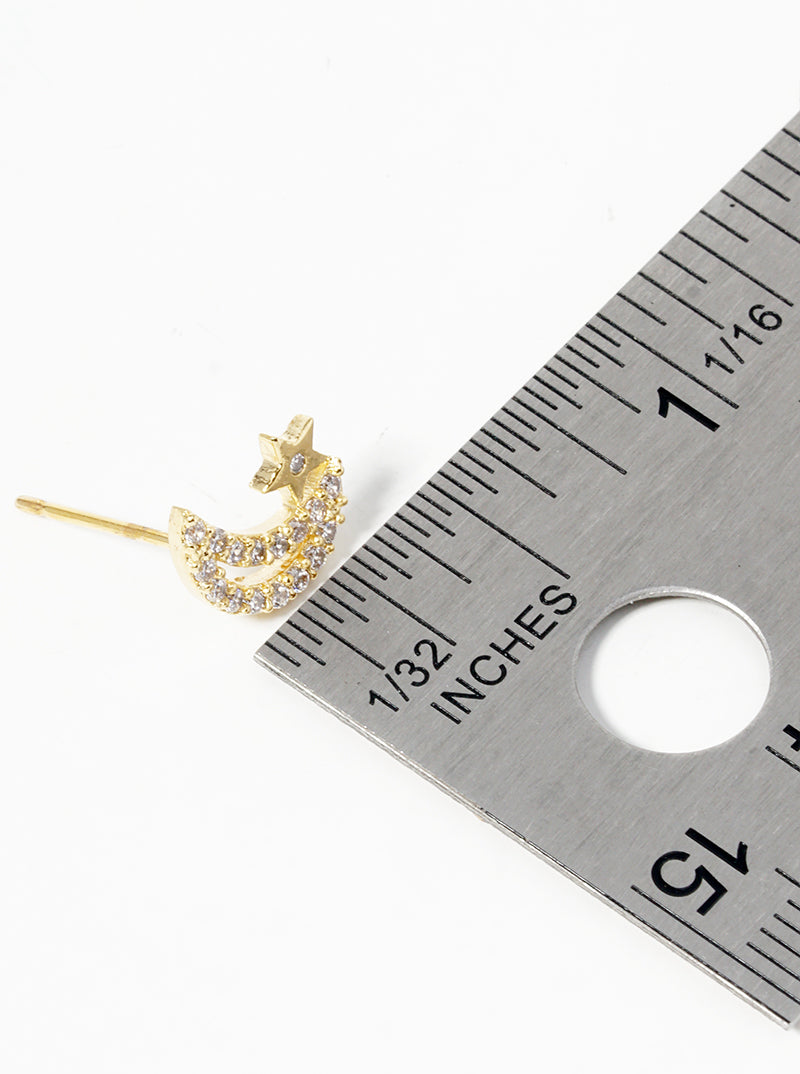 18k Gold Dipped Symmetrical CZ Pave Crescent Moon And Star Post Stud Earrings