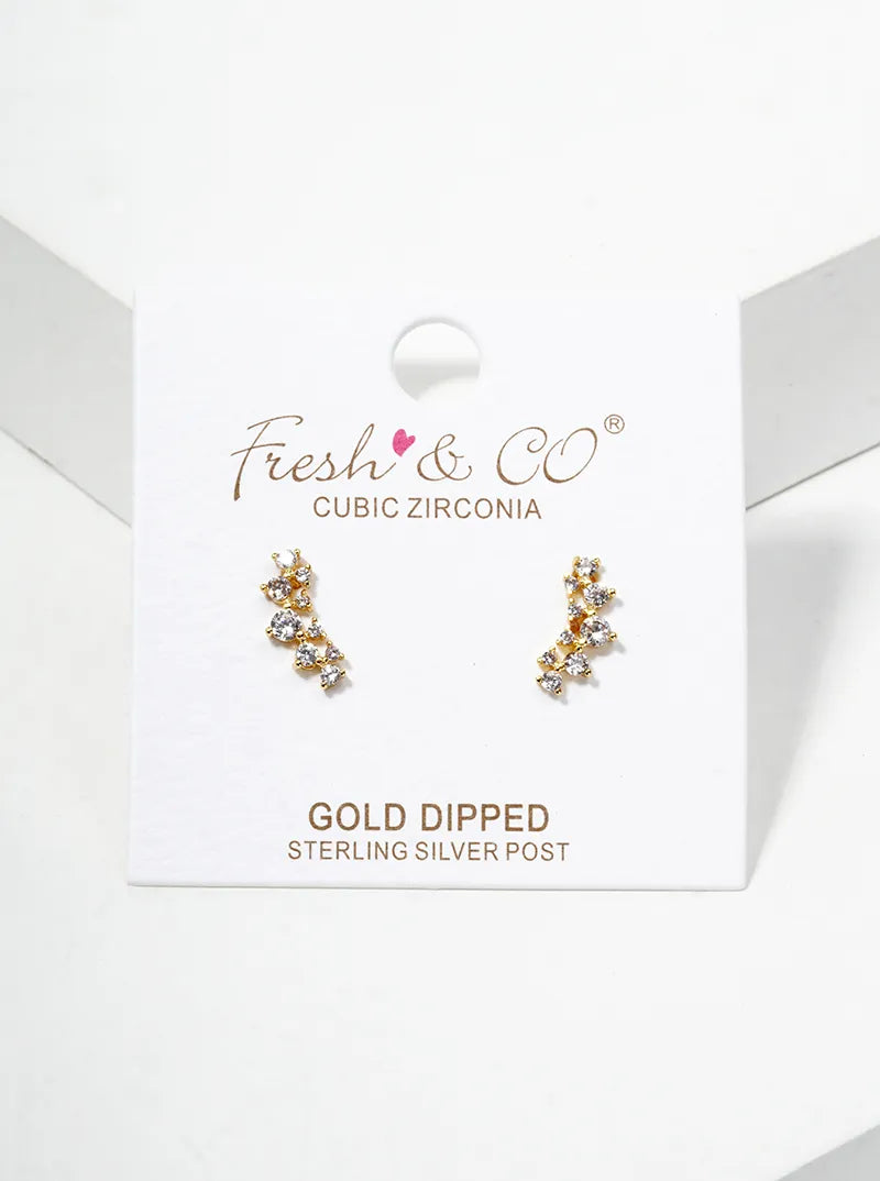 18k Gold Dipped Symmetrical CZ Pave Double Curved Bar Post Stud Earrings