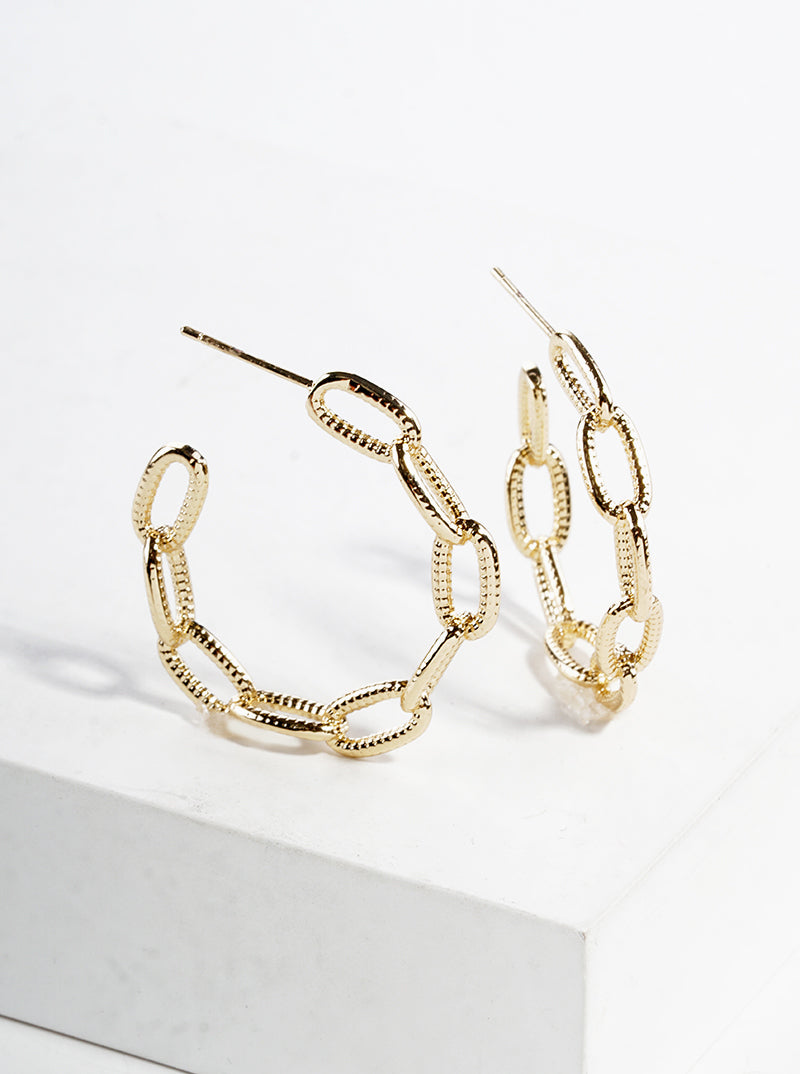 18k Gold Dipped Textured Chain 30mm Open Hoop Earrings