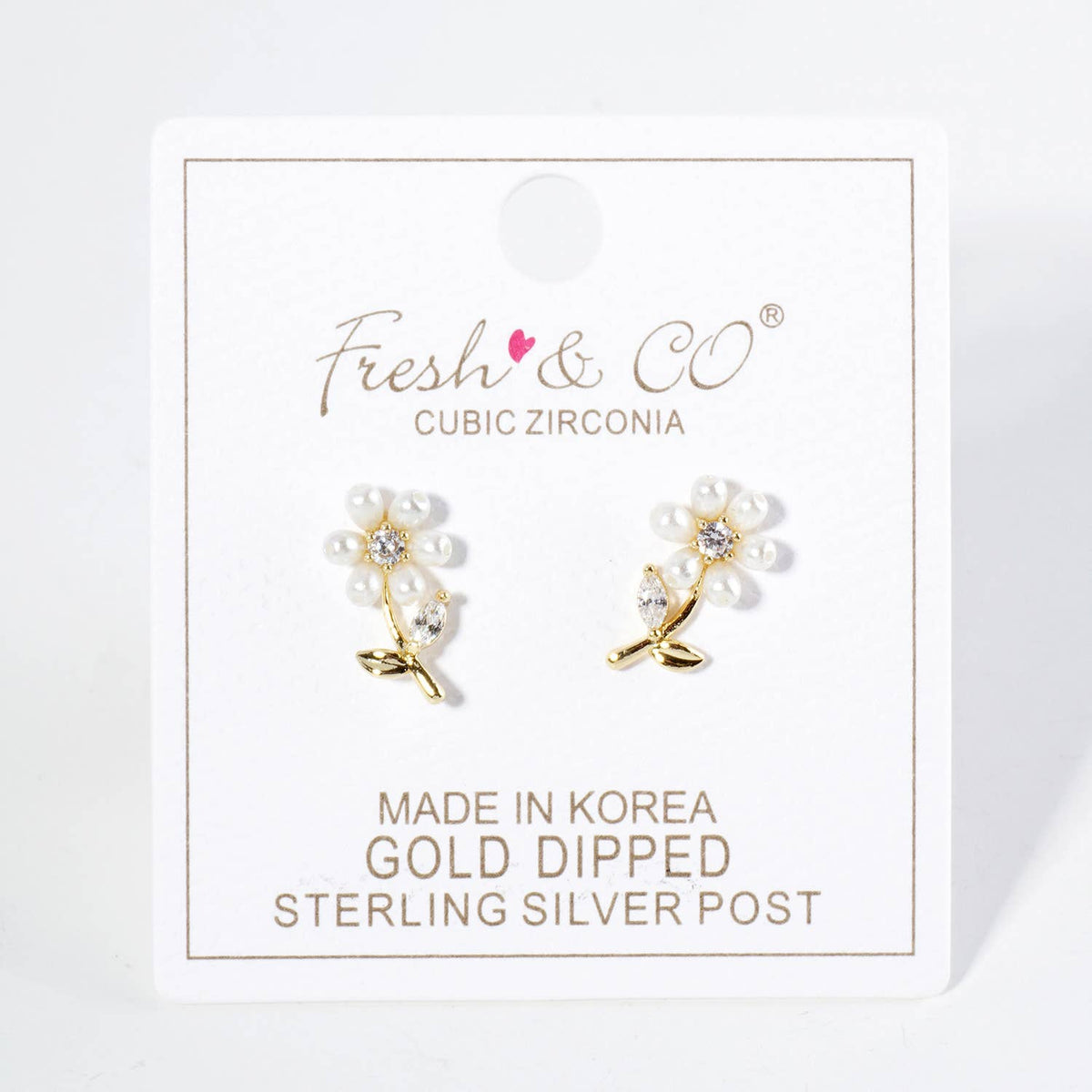 Pearl Cubic Zirconia Flower Stud Earrings / 18K Gold Dipped