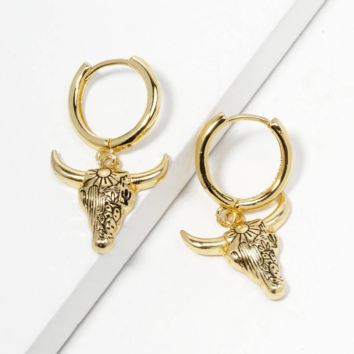 Western Bull Skull Charm Huggie Hoop Earrings