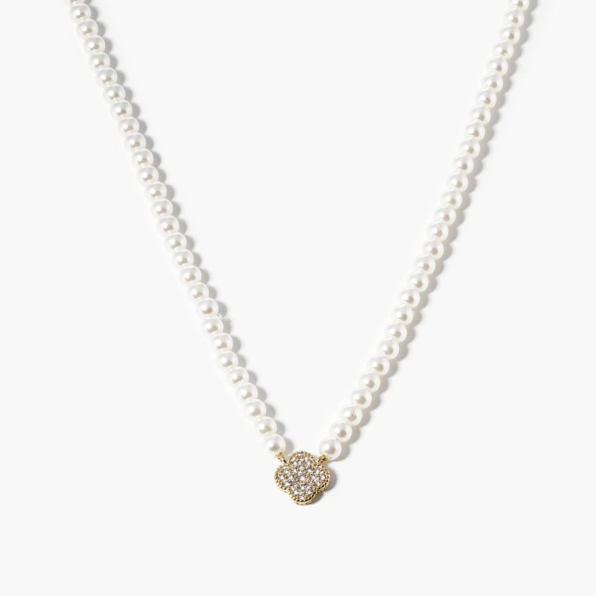 18K Gold Dipped CZ Quatrefoil Pendant Pearl Necklace