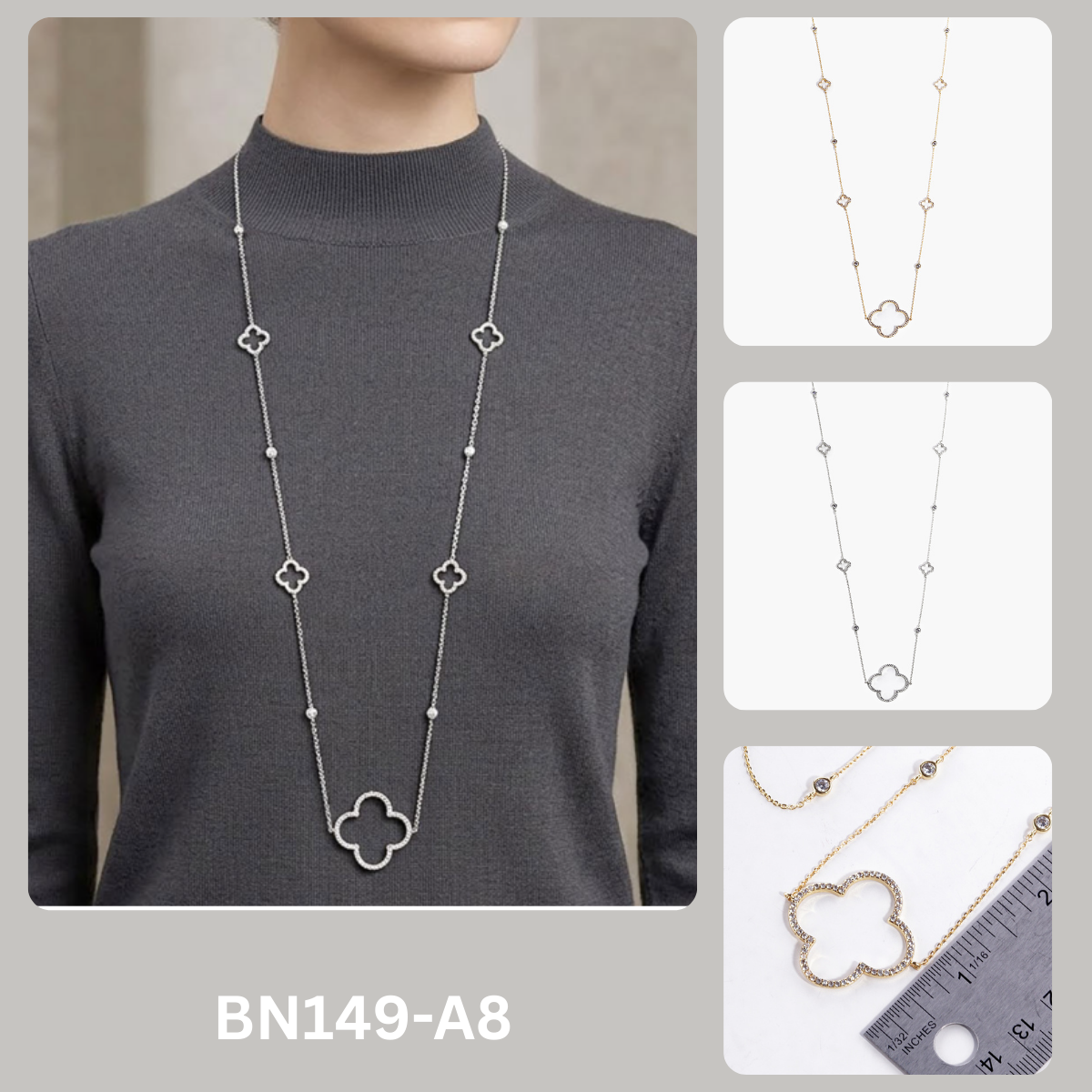 Elegant CZ Open Clover Station Long Necklace