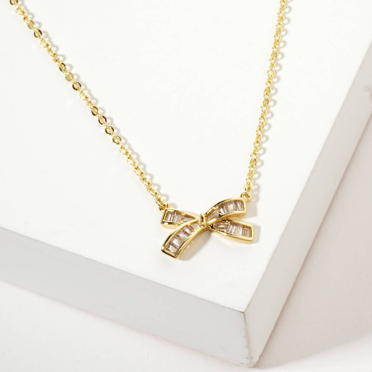 Bow Pendant with Square-Cubic-Zirconia Stones Necklace
