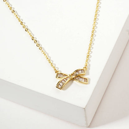 Bow Pendant with Square-Cubic-Zirconia Stones Necklace