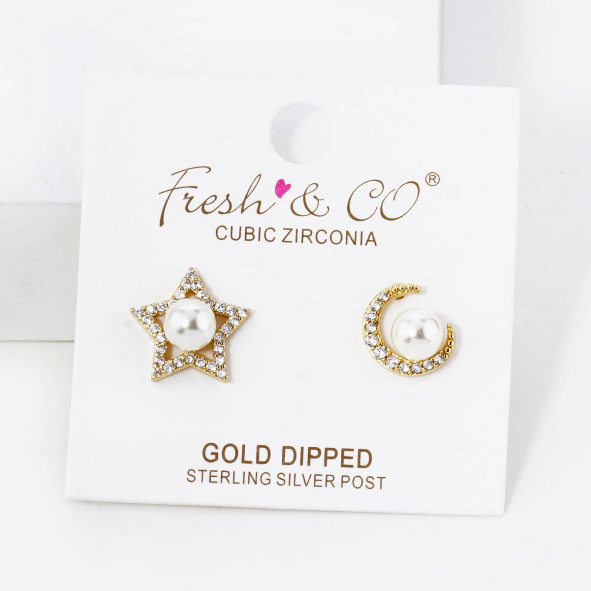 CUBIC ZIRCONIA WITH PEARL STAR AND MOON ASYMMETRICAL STUD