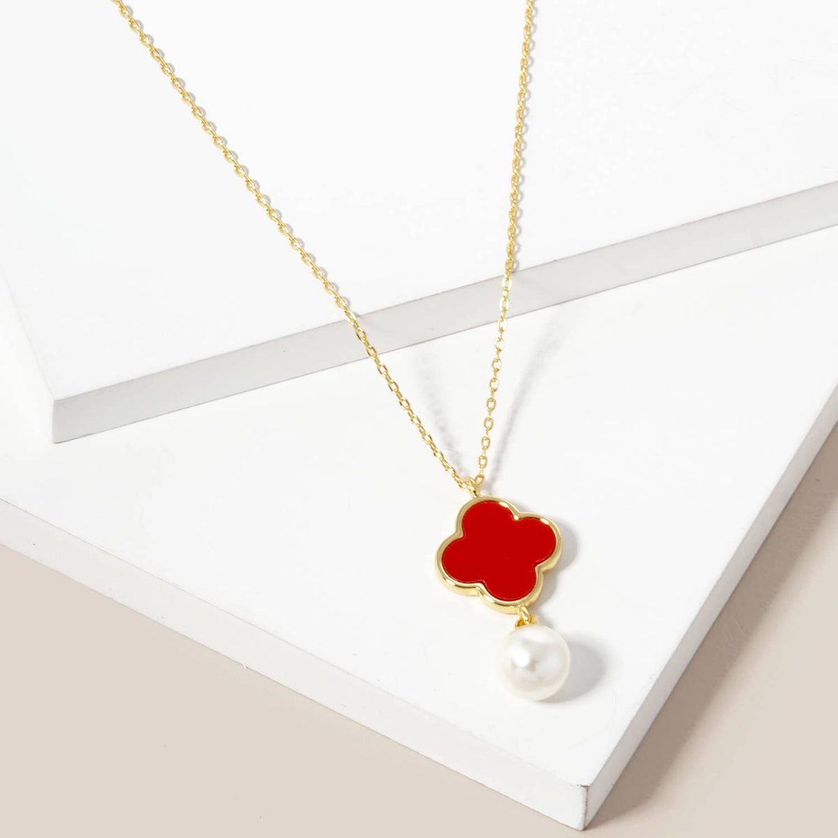 Clover Inlay & Pearl Drop Charm Necklace