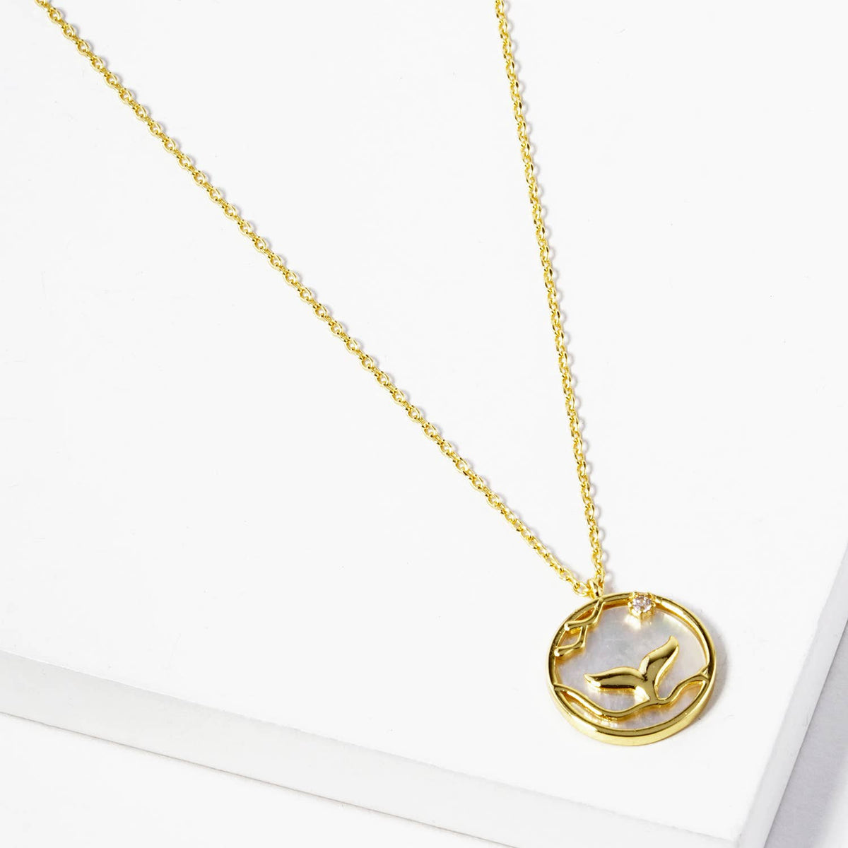 Mother of Pearl Whale Tail Disc Pendant Necklace