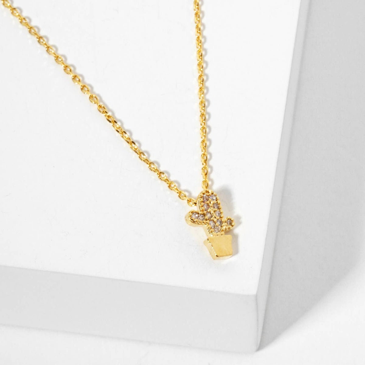 Minimalist Dainty Pave Cactus Pendant Necklace
