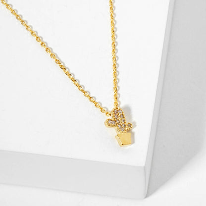 Minimalist Dainty Pave Cactus Pendant Necklace