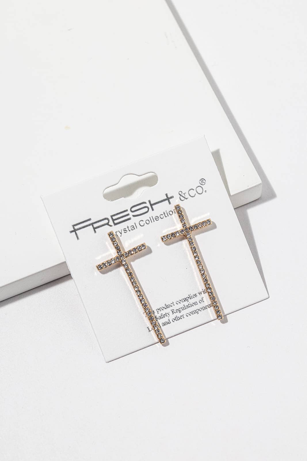 Elongated Crystal Cross Stud Earrings – Slender Pavé Cross,