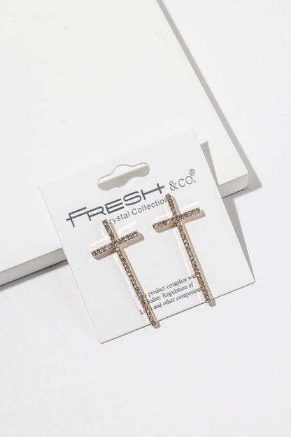 Elongated Crystal Cross Stud Earrings – Slender Pavé Cross,