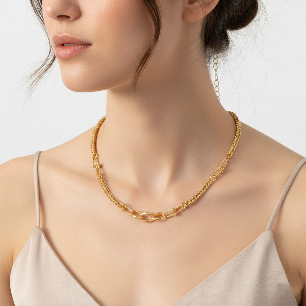 18K Gold Plated Mixed Texture Asymmetrical Link Necklace