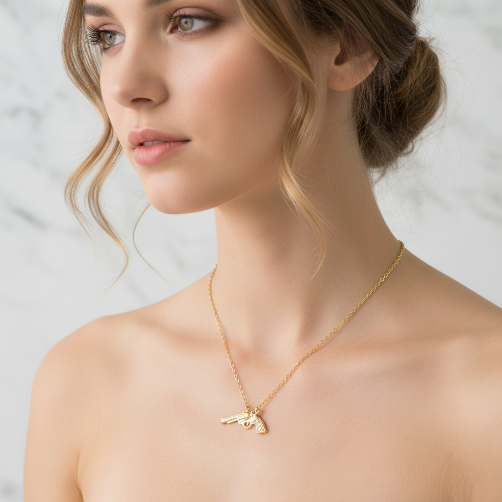 Dainty Crystal Pistol Revolver Pendant Necklace