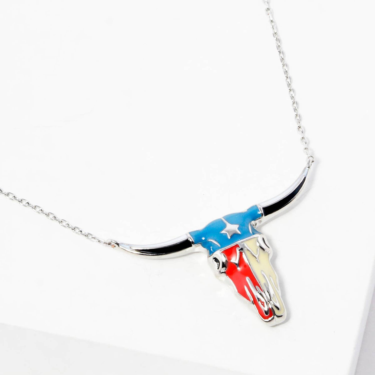 Texas Longhorn Bull Skull Flag Enamel Necklace