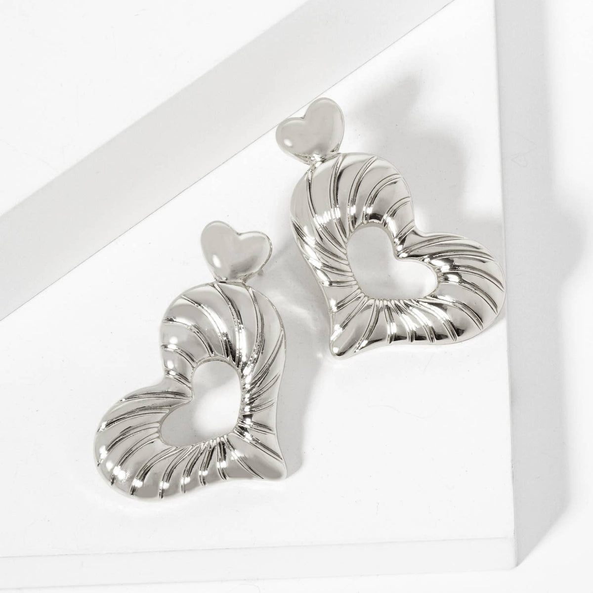 Polished Sideways Textured Heart Drop Brass Earrings