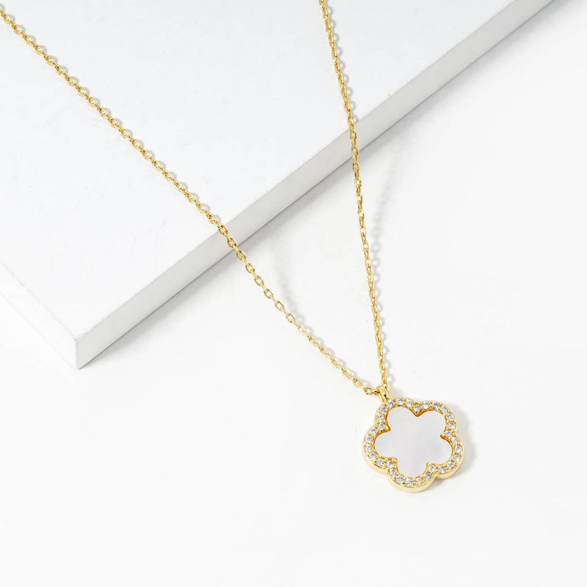 Clover Flower Pendant Necklace with Crystal Border