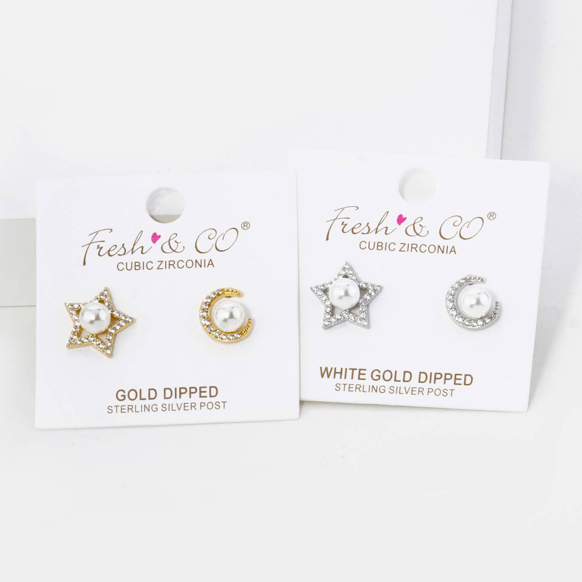 CUBIC ZIRCONIA WITH PEARL STAR AND MOON ASYMMETRICAL STUD